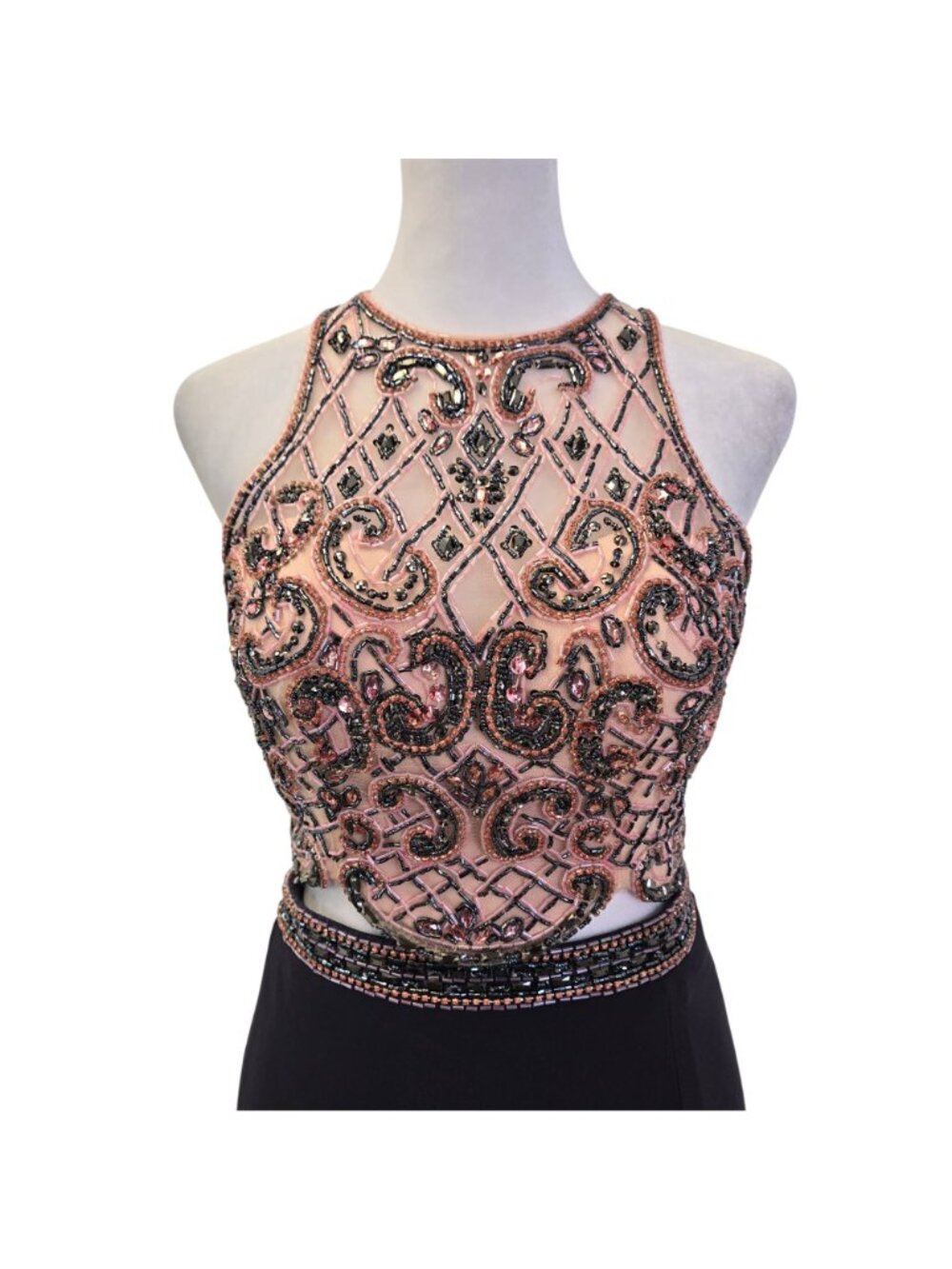 Sherri Hill Two Piece Shimmery Sleeveless Cross Stitch Beaded Gown Size 4 - Picture 5 of 12